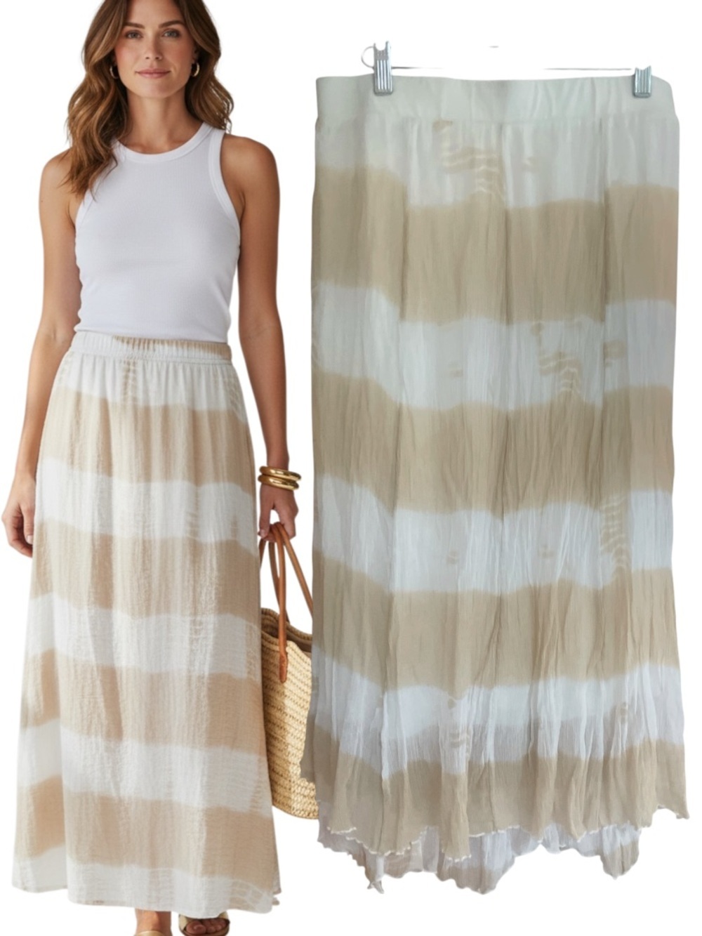 Chicos Size 2 Medium Neutral Crinkle Maxi Skirt Coastal Boho
